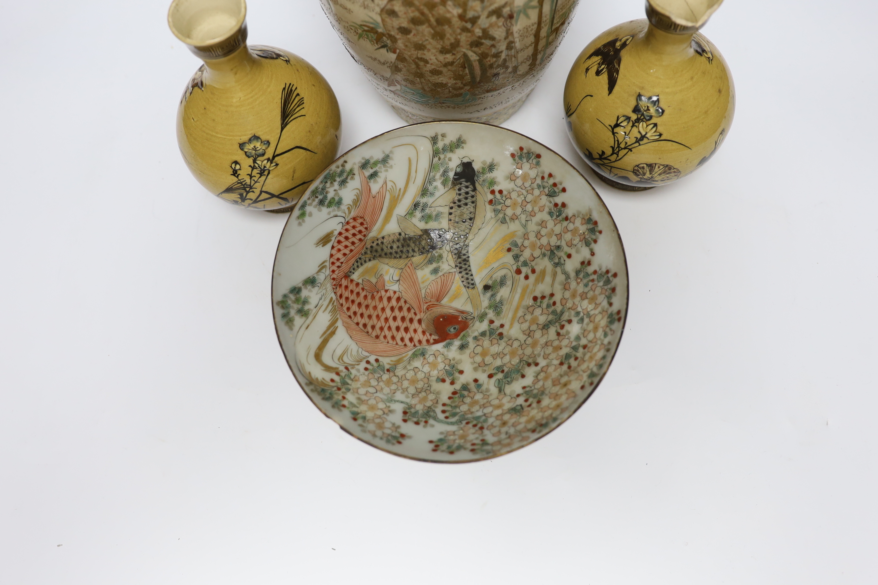 A 19th century Satsuma vase, two ochre pottery vases and a fish designed bowl, (purported to come from Lilly Langtry’s estate), Satsuma vase 36cm high